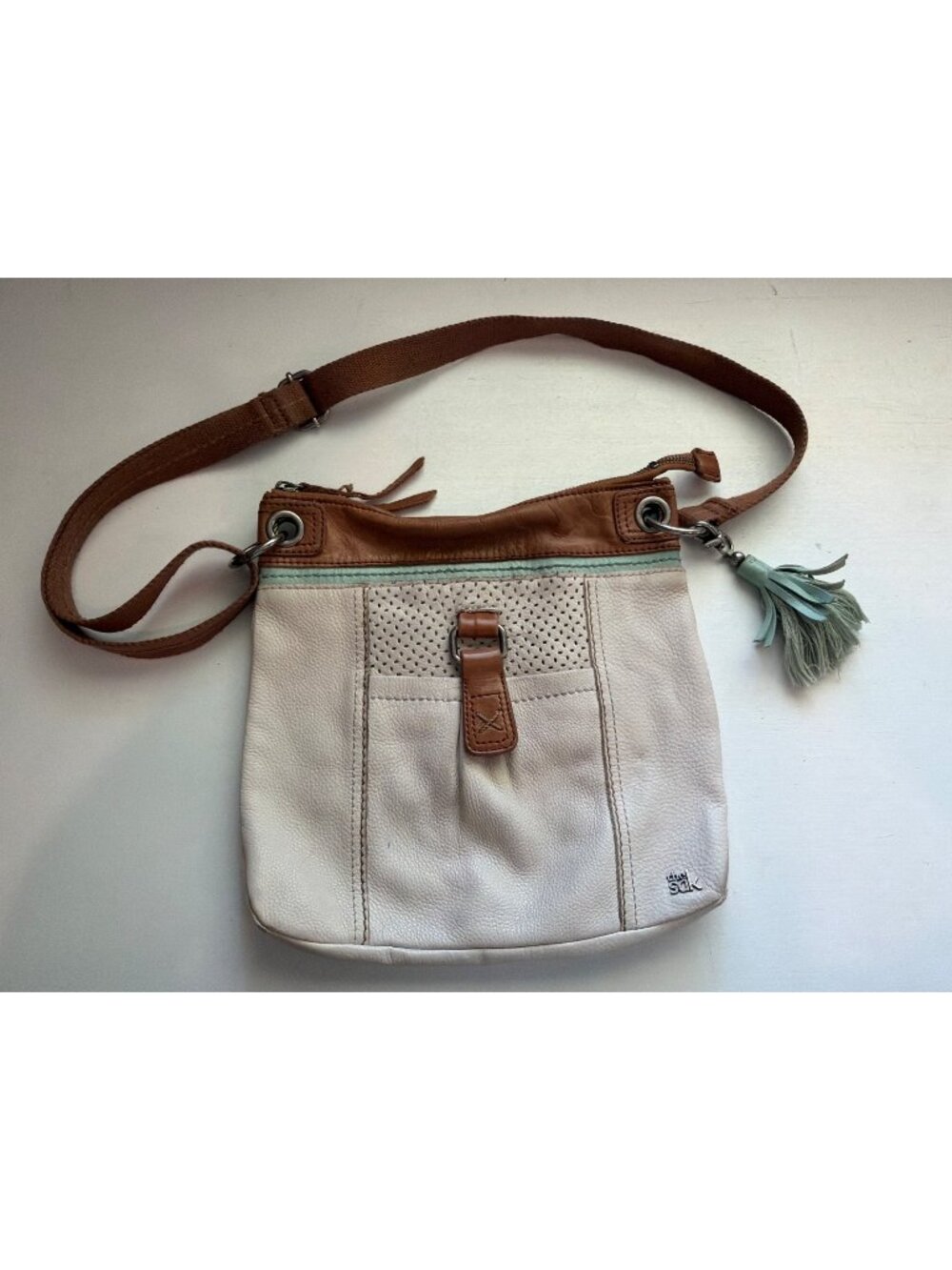 The Sak Crossbody Bag Cream/Aqua/Brown Kendra Tasseled Leather Purse Boho Beachy